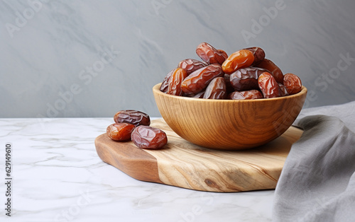 sweet dates out of wooden bowl on marble surface