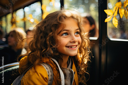 School Bus: smiling Cute Girl Getting On school Bus