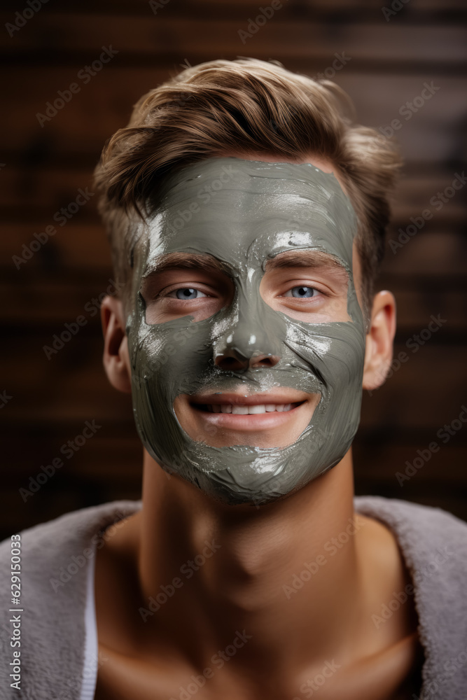 Handsome man with clay facial mask in beauty spa Handsome man with clay facial mask in beauty spa