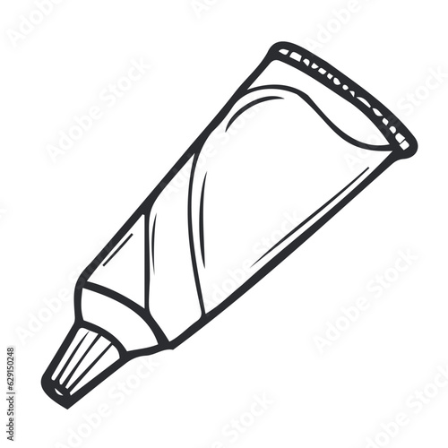 Tube of toothpaste isolated on white background. Oral hygiene. Vector hand-drawn illustration in doodle style.