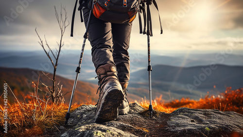 A pair of trekking shoes and poles belonging to a man are standing on the mountain peak