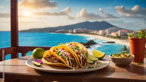 A visually stunning photograph of a Taco placed on a table with view of a town  serene ocean  and majestic mountains in Cancun.