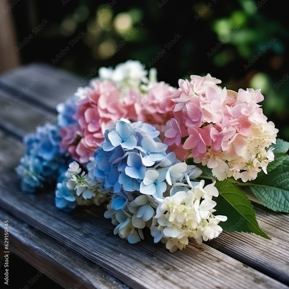 Beautiful Hydrangea flowers lying on a wooden surface with blurred green background. Still life of pink, blue and white Hydrangea flowers, closeup. Beautiful Hydrangea flowers lying on a wooden surface with blurred green background. Still life of pink, blue and white Hydrangea flowers, closeup.
