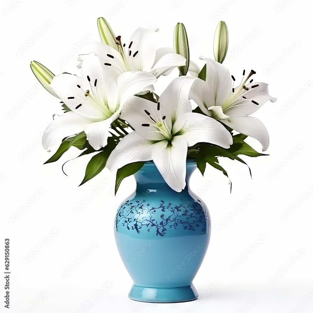 Beautiful bouquet of white Lilies in blue ceramic vase on white ...