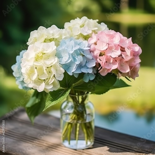 Beautiful  Hydrangea  flowers in a glass jar with water on wooden sill with green background. Illustration of pink  blue and  white Hydrangea flowers in vase overlooking the green garden