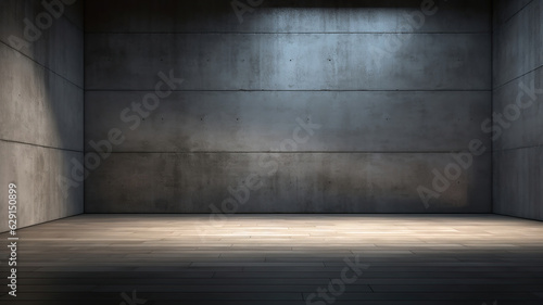 The dark room is illuminated by a beam of light and features concrete walls and floor