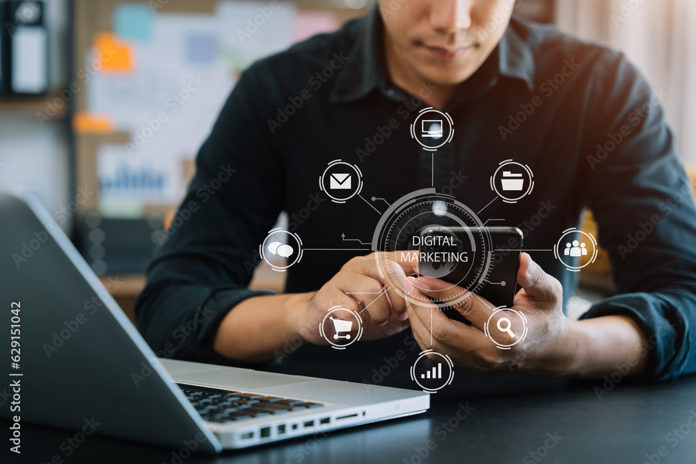 Digital marketing technology concept, Businessmen use tablet and smartphone connection technology and digital marketing. Digital marketing technology concept, Businessmen use tablet and smartphone connection technology and digital marketing.