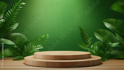 wooden podium stands against the eco green backdrop