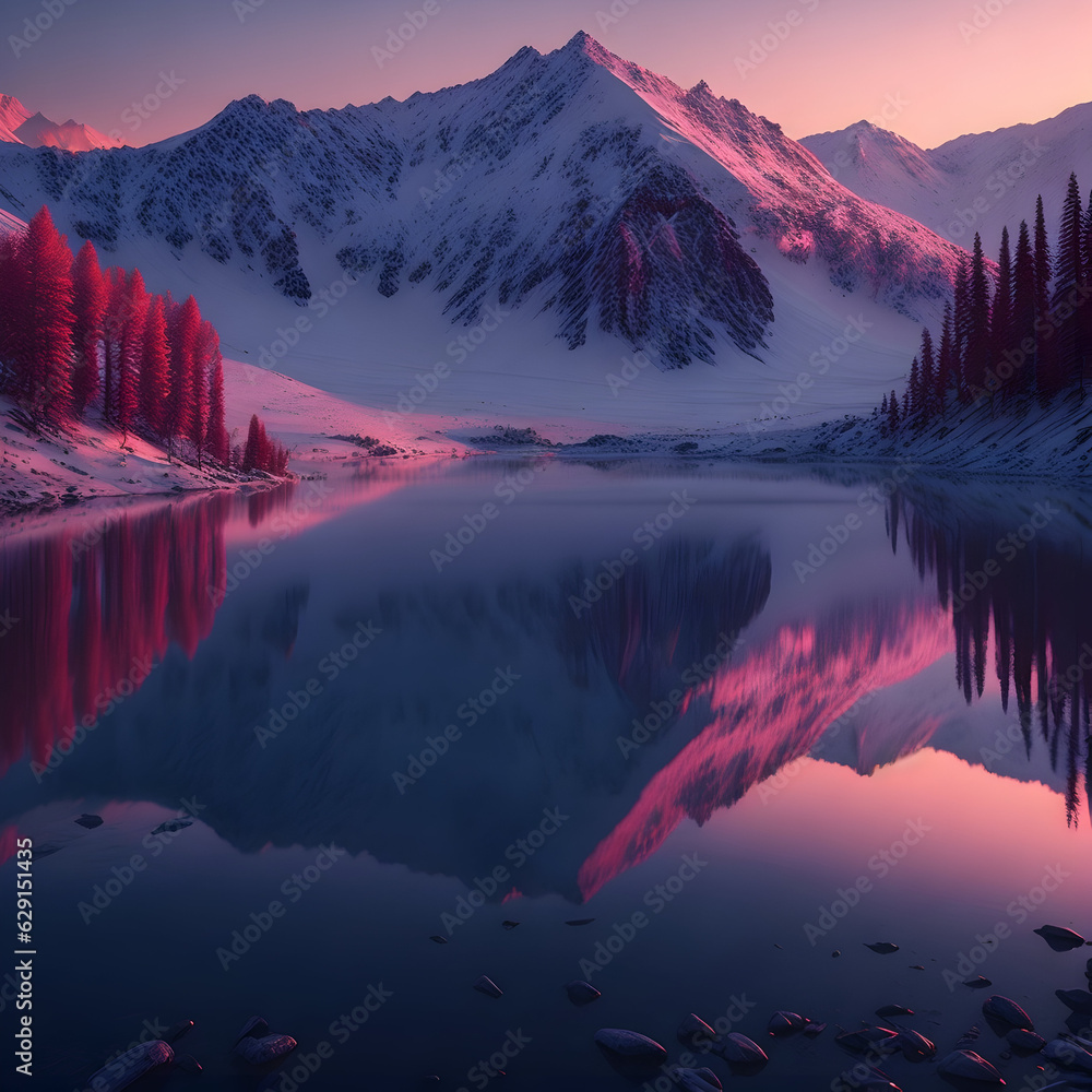 a mountain range is reflected in a lake having a pink sky, generative AI