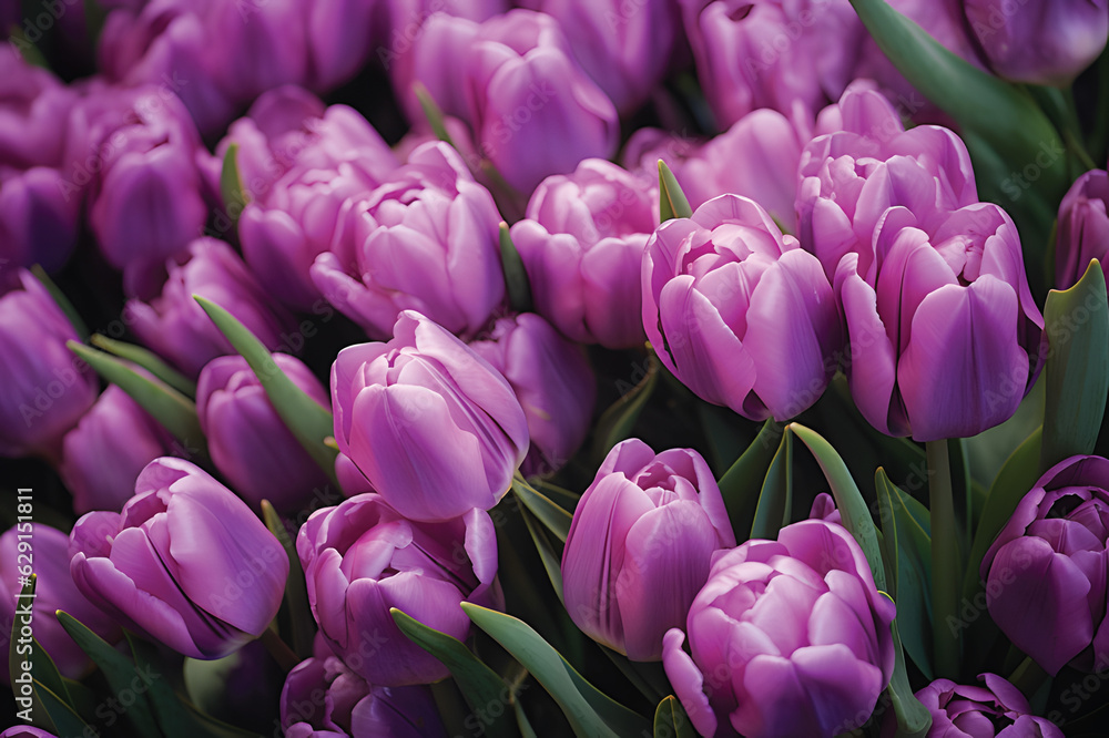 Obraz premium Purple tulips flowers in the garden.GenerativeAI.