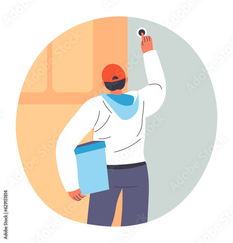 Boy delivering parcel to doors, courier rings bell