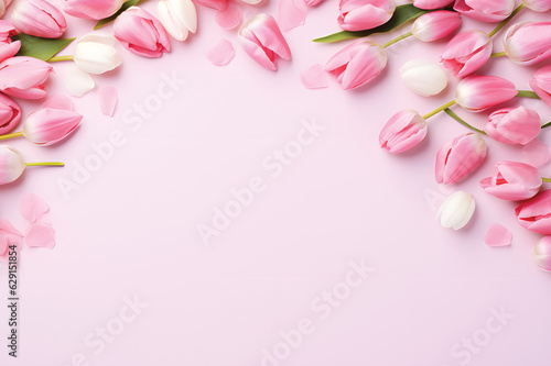 Pastel tulip flower close-up for background.Top view, frame or banner,Layout or springtime greeting card for Mothers day,birthday, Valentines Day, wedding or happy event.GenerativeAI.