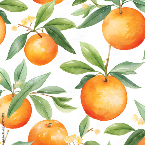 Seamless background of watercolor drawings ripe orange mandarins with green leaves.GenerativeAI.