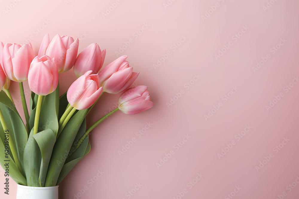 Natural bouquet of spring tulips. Pink tulips on a plain background.GenerativeAI. Natural bouquet of spring tulips. Pink tulips on a plain background.GenerativeAI.