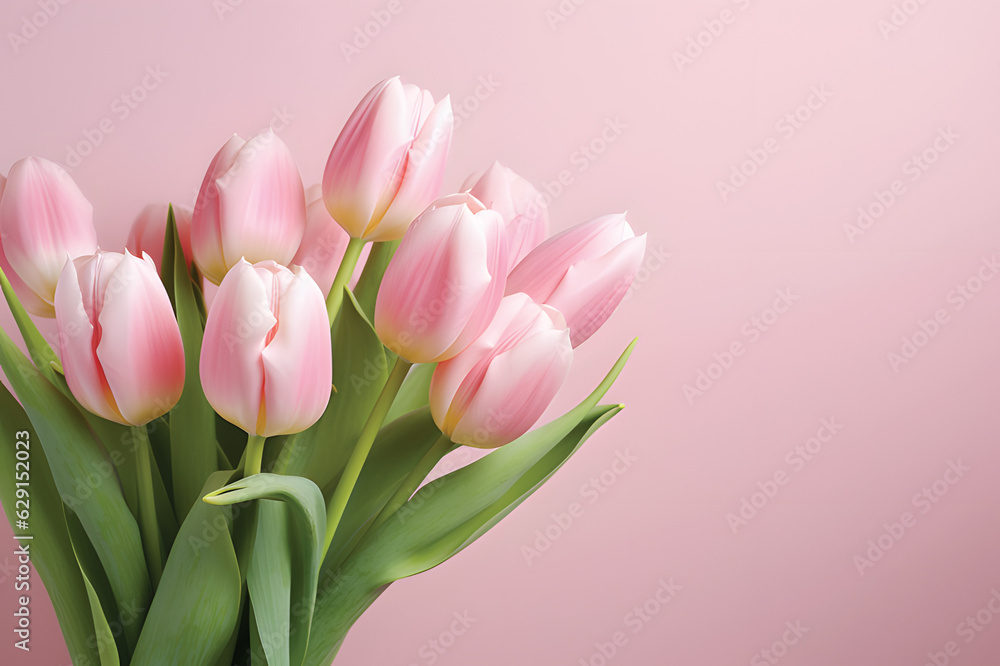 Natural bouquet of spring tulips. Pink tulips on a plain background.GenerativeAI.