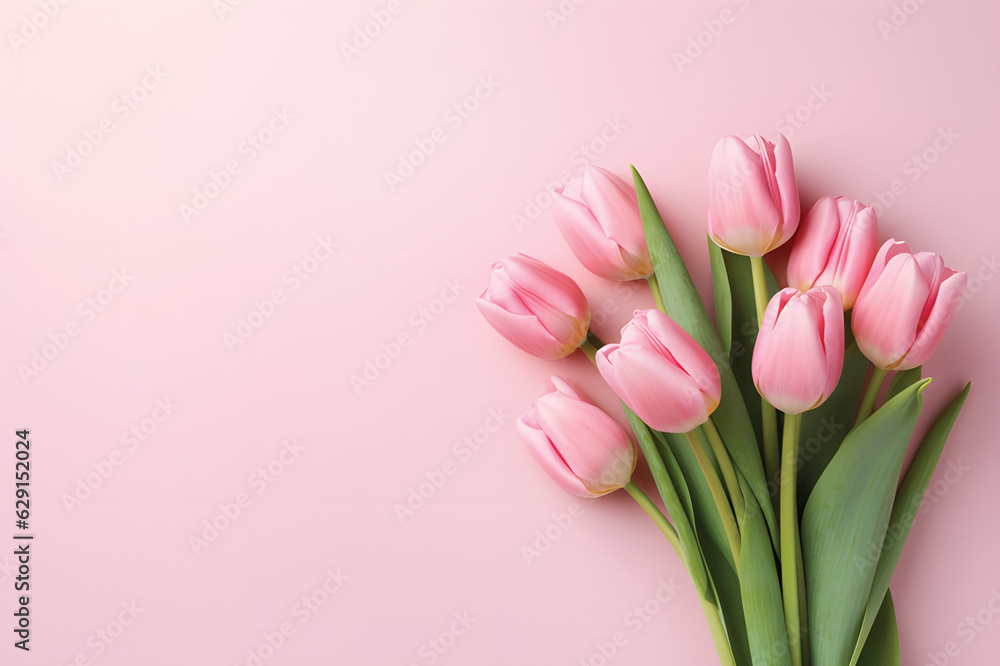 Natural bouquet of spring tulips. Pink tulips on a plain background.GenerativeAI. Natural bouquet of spring tulips. Pink tulips on a plain background.GenerativeAI.