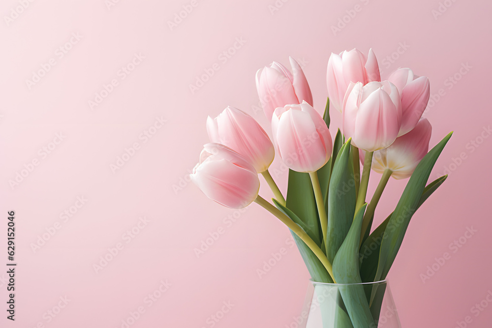 Natural bouquet of spring tulips. Pink tulips on a plain background.GenerativeAI. Natural bouquet of spring tulips. Pink tulips on a plain background.GenerativeAI.