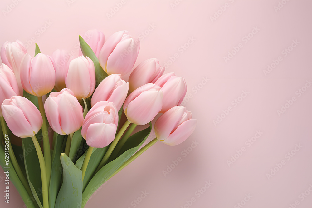 Natural bouquet of spring tulips. Pink tulips on a plain background.GenerativeAI.