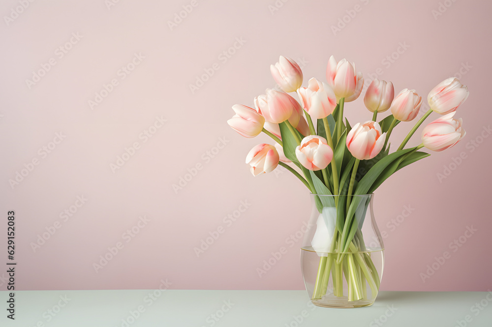 Natural bouquet of spring tulips. Pink tulips on a plain background.GenerativeAI.