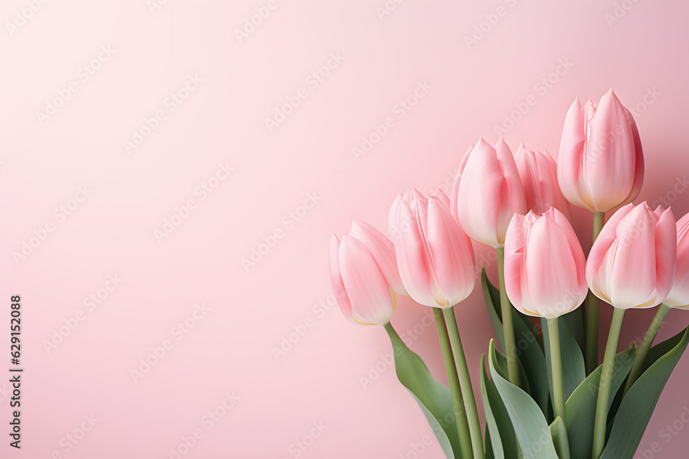 Natural bouquet of spring tulips. Pink tulips on a plain background.GenerativeAI. Natural bouquet of spring tulips. Pink tulips on a plain background.GenerativeAI.