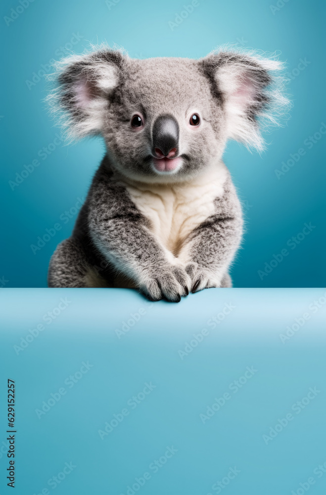 Cute small koala bear, studio portrait with copy space below. Generative AI Cute small koala bear, studio portrait with copy space below. Generative AI