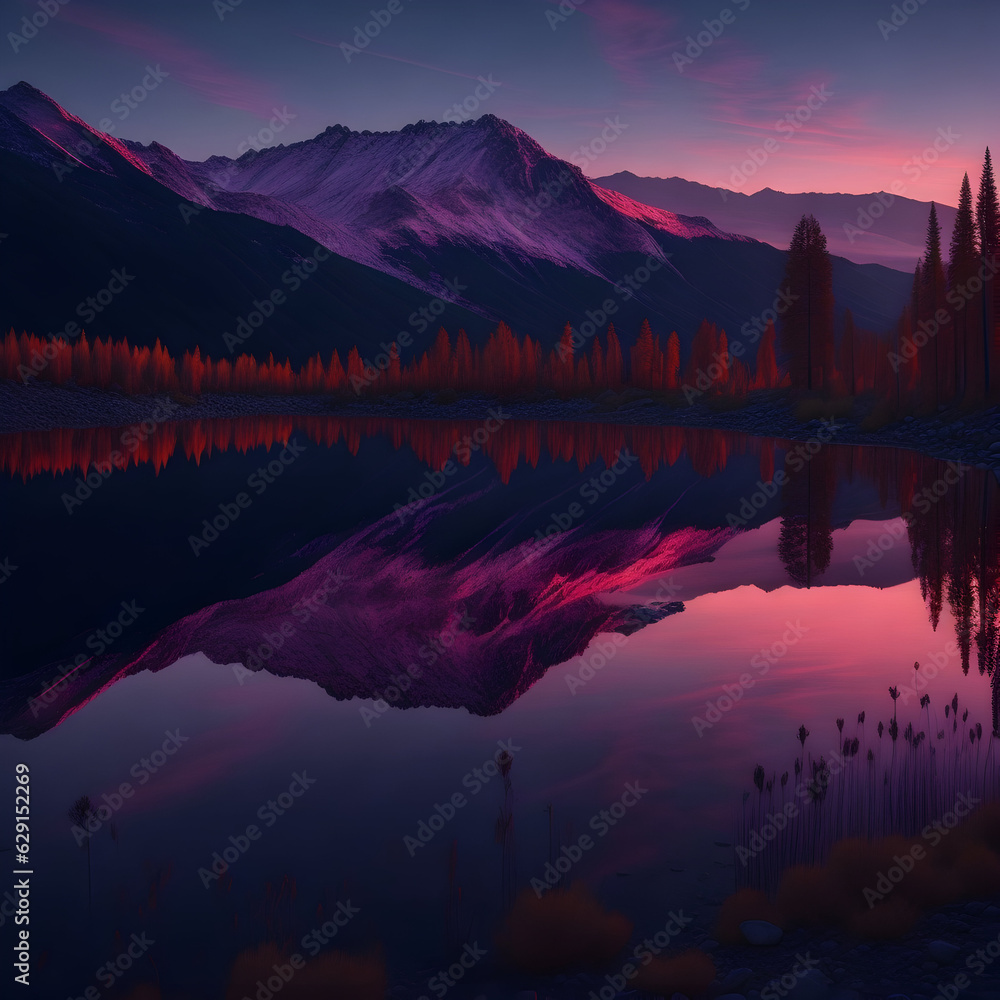 a mountain range is reflected in a lake having a pink sky, generative AI