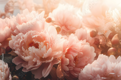 Closeup of peony flowers with soft filtered look for background.GenerativeAI.