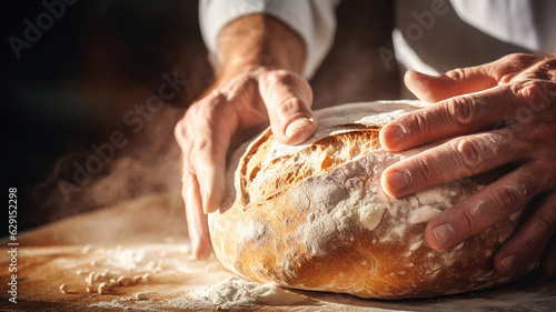 Fotografie, Obraz person is placing their hand on freshly baked bread