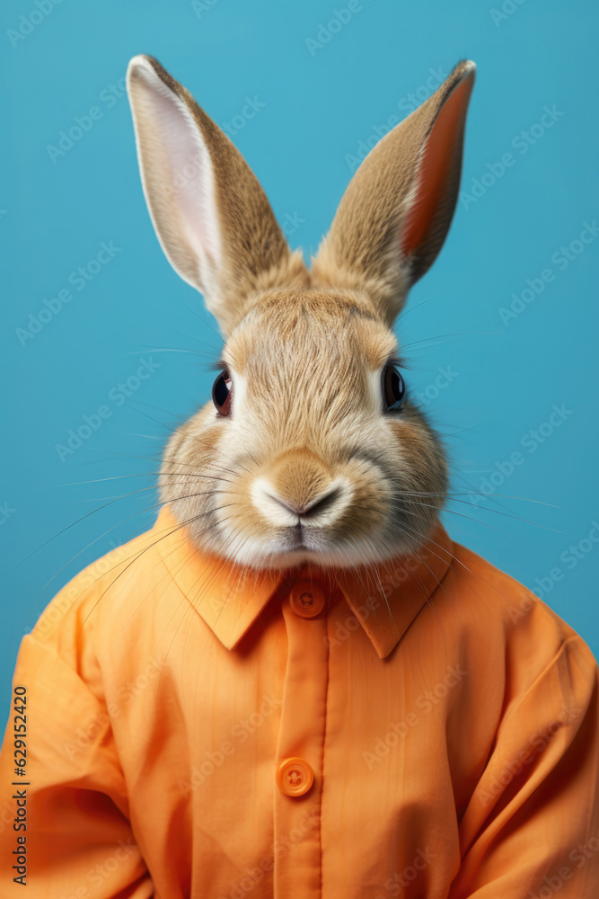 Portrait of rabbit in orange prison jumpsuit. AI generative art