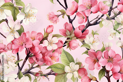 Vintage watercolor garden seamless background with blooming pink flowers, branch of cherry, peach, pear, sakura, apple tree , isolated botanical illustration.GenerativeAI.