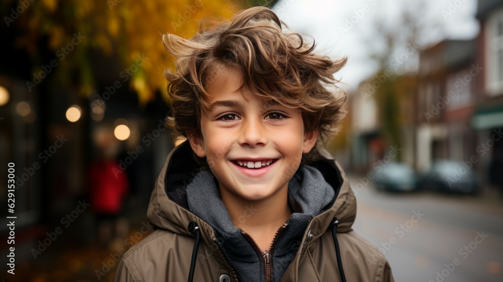 Happy boy smiling in the city street. Closeup Portrait of a smiling Caucasian kid standing on the sidewalk. Cheerful European pre-teen child with perfect white teeth outdoors closeup. . Happy boy smiling in the city street. Closeup Portrait of a smiling Caucasian kid standing on the sidewalk. Cheerful European pre-teen child with perfect white teeth outdoors closeup. .