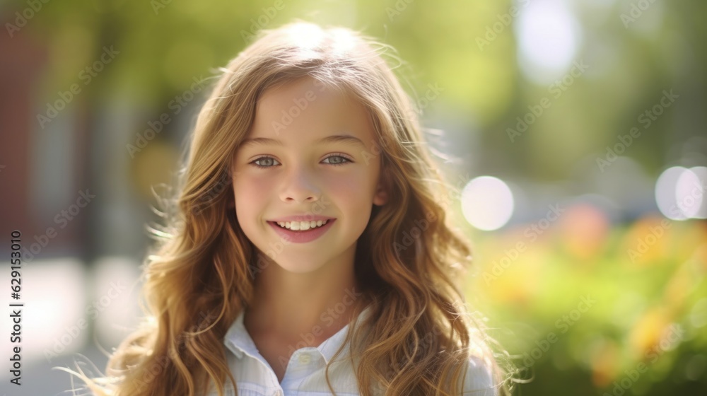Happy beautiful girl smiling in the city street. Closeup Portrait of a smiling cute Caucasian kid standing on the sidewalk. Cheerful European pre-teen child with perfect white teeth outdoors closeup. Happy beautiful girl smiling in the city street. Closeup Portrait of a smiling cute Caucasian kid standing on the sidewalk. Cheerful European pre-teen child with perfect white teeth outdoors closeup.