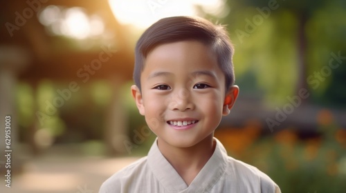 Happy Asian boy smiling in the city. Closeup Portrait of a smiling Japanese kid standing on a city street. Cheerful Chinese pre-teen Asian child with perfect white teeth outdoors closeup. .