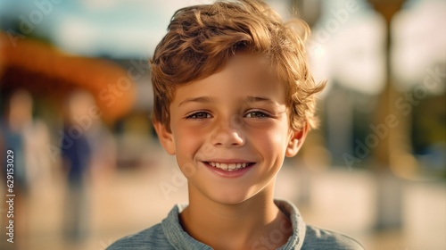 Happy boy smiling in the city street. Closeup Portrait of a smiling Caucasian kid standing on the sidewalk. Cheerful European pre-teen child with perfect white teeth outdoors closeup. .