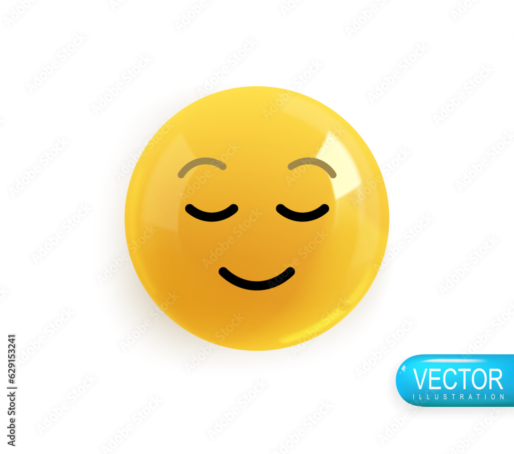 Fototapeta premium Emoji face embarrassment with a sweet smile. Realistic 3d Icon. Render of yellow glossy color emoji in plastic cartoon style isolated on white background. Vector illustration