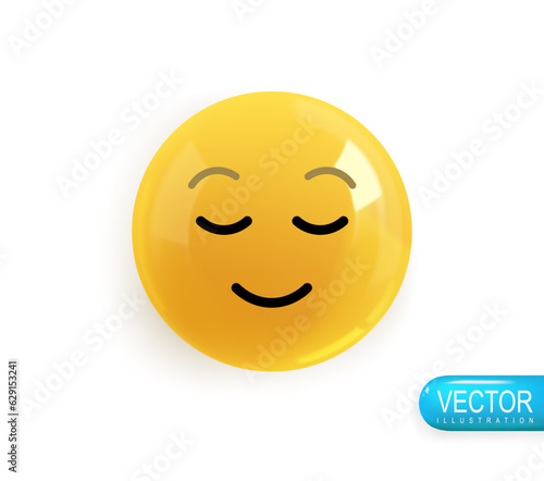 Emoji face embarrassment with a sweet smile. Realistic 3d Icon. Render of yellow glossy color emoji in plastic cartoon style isolated on white background. Vector illustration