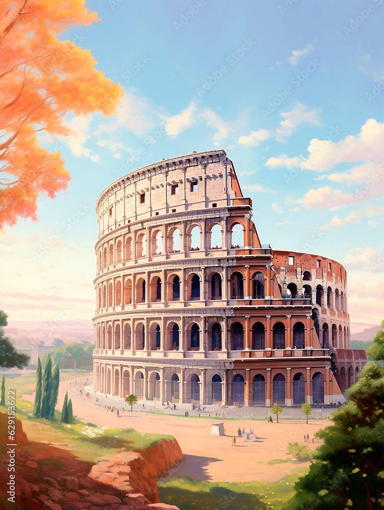 Colosseum in Rome, Italy. digital painting with watercolors.AI Generated
