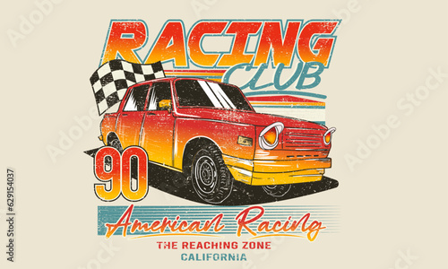 Racing club vector t-shirt print design. Car print design for t shirt print, poster, sticker, background and other uses.