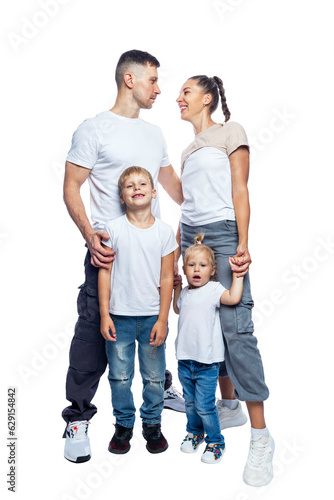 Happy family with thinking children. Laughing man, woman, boy and girl embrace smiling. Love and tenderness. Full height. Isolated on a white background. Vertical.