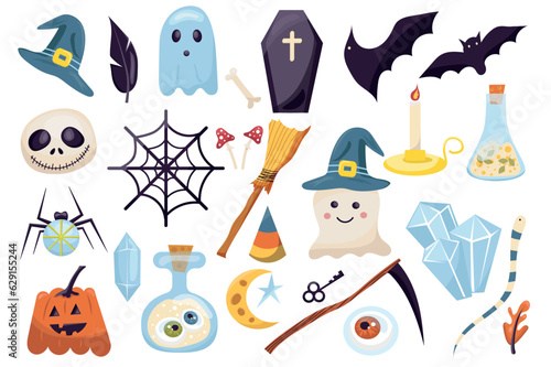 Halloween mega set in graphic flat design. Bundle elements of witch cap, raven feather, ghost, coffin, bat, pumpkin, fly agaric, broom, candle, potion and other. Vector illustration isolated stickers