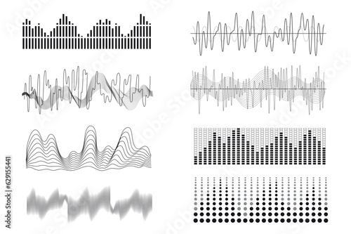 Sound waves mega set in graphic flat design. Bundle elements of curve soundwaves with different frequency, voice and signal waveform, music and audio symbols. Vector illustration isolated stickers