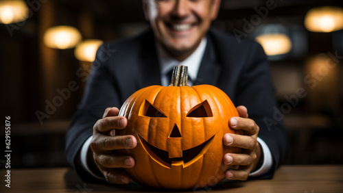 Wallpaper Mural Businessman showing pumpkin on halloween day. Torontodigital.ca