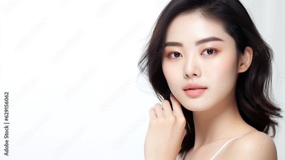beautiful woman glows with makeup on her face and has flawless skin. on isolated white background. beautiful woman glows with makeup on her face and has flawless skin. on isolated white background.