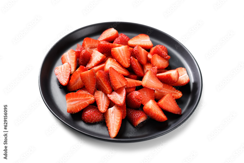 Cut strawberry pieces isolated on white background . Chopped strawberry close up. Cut strawberry pieces isolated on white background . Chopped strawberry close up.