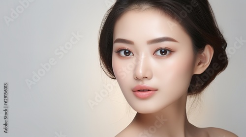 Face care, Facial treatment, woman with clean fresh skin on beige backdrop