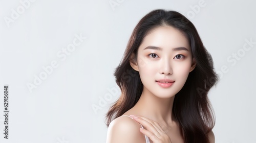 Beautiful young Asian woman with clean fresh skin on white backdrop 