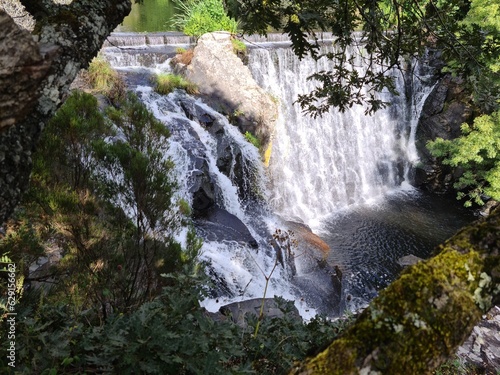 fantástica cascada en el rio furelos observada a través de la espesa salvaje vegetación, vista desde el pueblo de teillor, mellid, la coruña, galicia, españa  photo