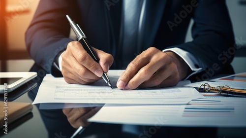 close up of a person signing a contract, Businessman working on documents on the desk, data analysis of financial figures and business investments, generative ai