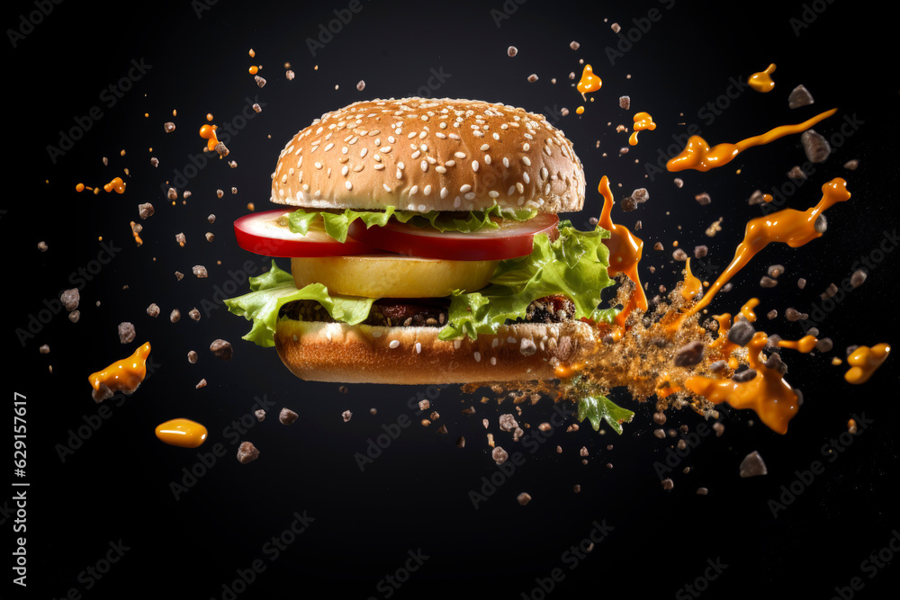Generative AI illustration of Burger in the air exploding with cheese