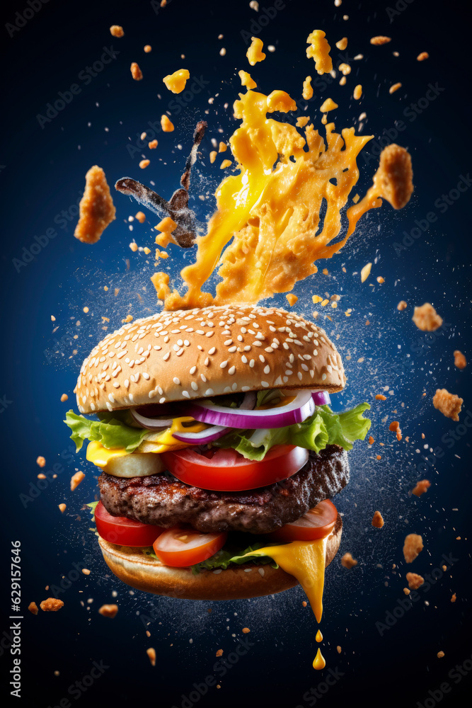 Generative AI illustration of Burger in the air exploding with cheese